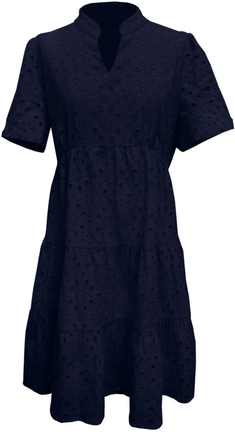 Womens Boho Summer Dresses 2025 Resort V Neck Short Sleeve Hollow Out Lace Ruffle Casual Beach Mini Vacation