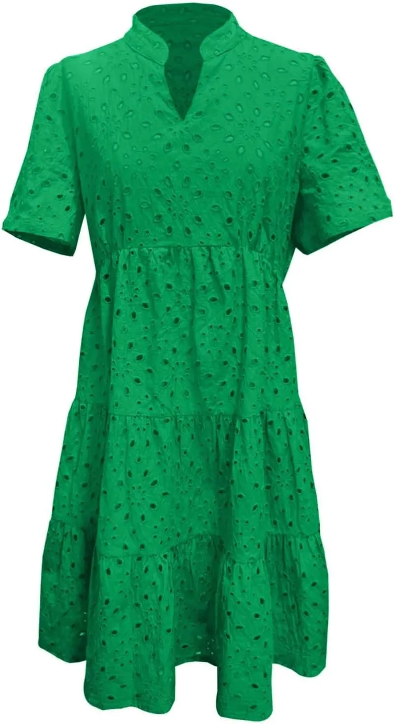 Womens Boho Summer Dresses 2025 Resort V Neck Short Sleeve Hollow Out Lace Ruffle Casual Beach Mini Vacation