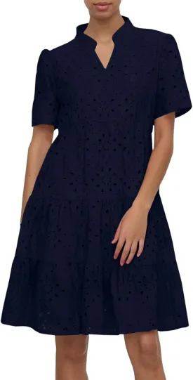Womens Boho Summer Dresses 2025 Resort V Neck Short Sleeve Hollow Out Lace Ruffle Casual Beach Mini Vacation