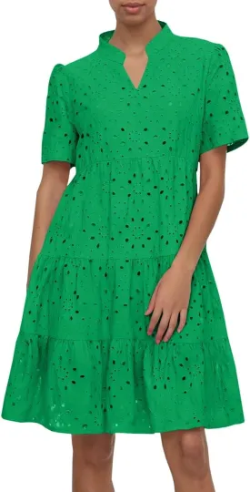 Womens Boho Summer Dresses 2025 Resort V Neck Short Sleeve Hollow Out Lace Ruffle Casual Beach Mini Vacation