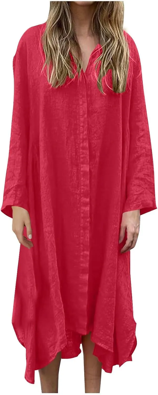 Womens Casual Collared Cotton Linen Maxi Shirt Dress Long Sleeve Button Up Long Swimsuit Cover Ups Summer Beach Dresses