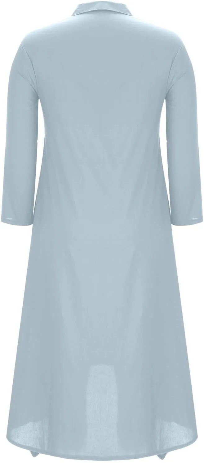 Womens Casual Collared Cotton Linen Maxi Shirt Dress Long Sleeve Button Up Long Swimsuit Cover Ups Summer Beach Dresses