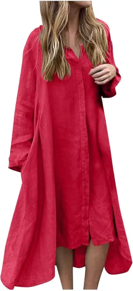 Womens Casual Collared Cotton Linen Maxi Shirt Dress Long Sleeve Button Up Long Swimsuit Cover Ups Summer Beach Dresses