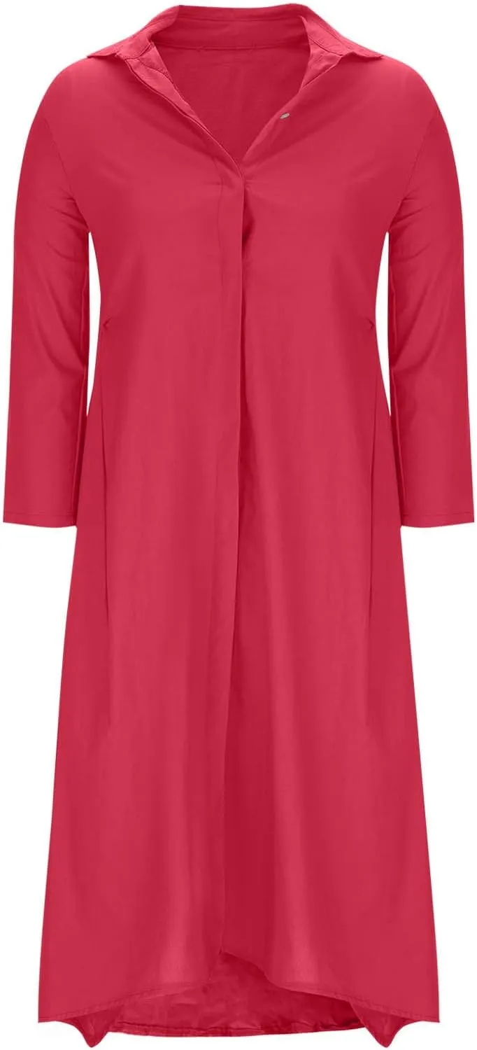 Womens Casual Collared Cotton Linen Maxi Shirt Dress Long Sleeve Button Up Long Swimsuit Cover Ups Summer Beach Dresses