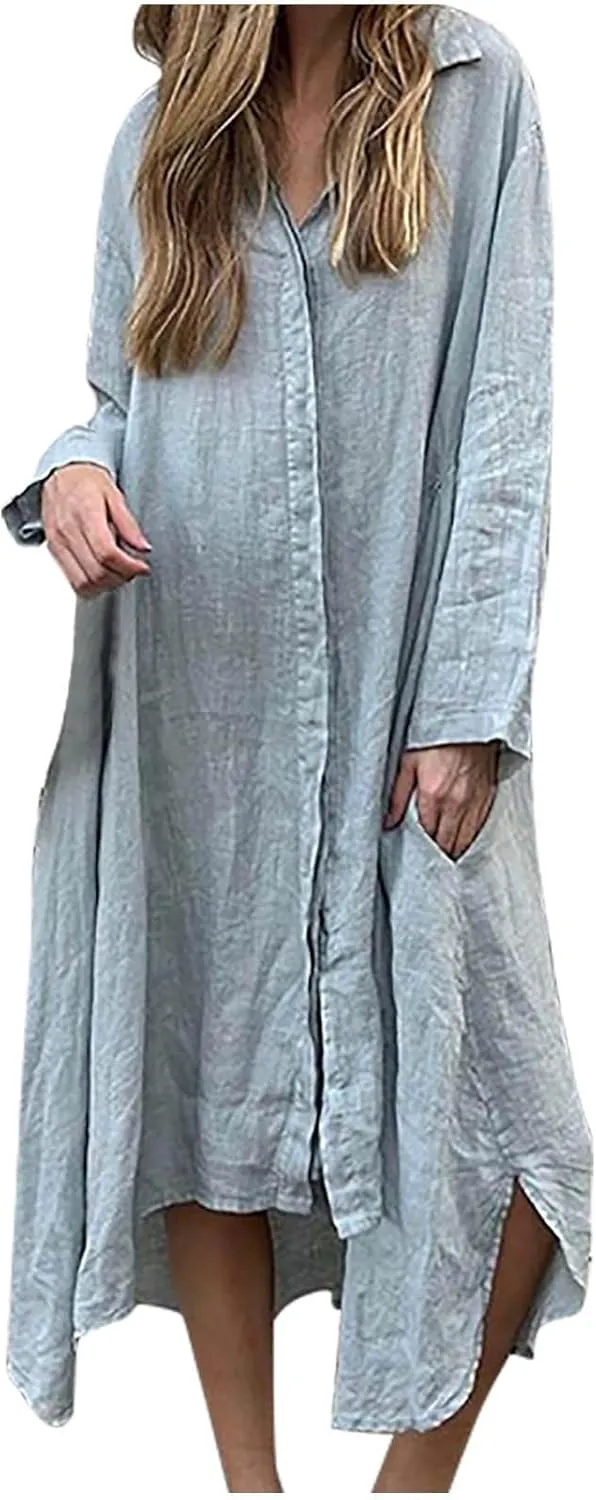 Womens Casual Collared Cotton Linen Maxi Shirt Dress Long Sleeve Button Up Long Swimsuit Cover Ups Summer Beach Dresses