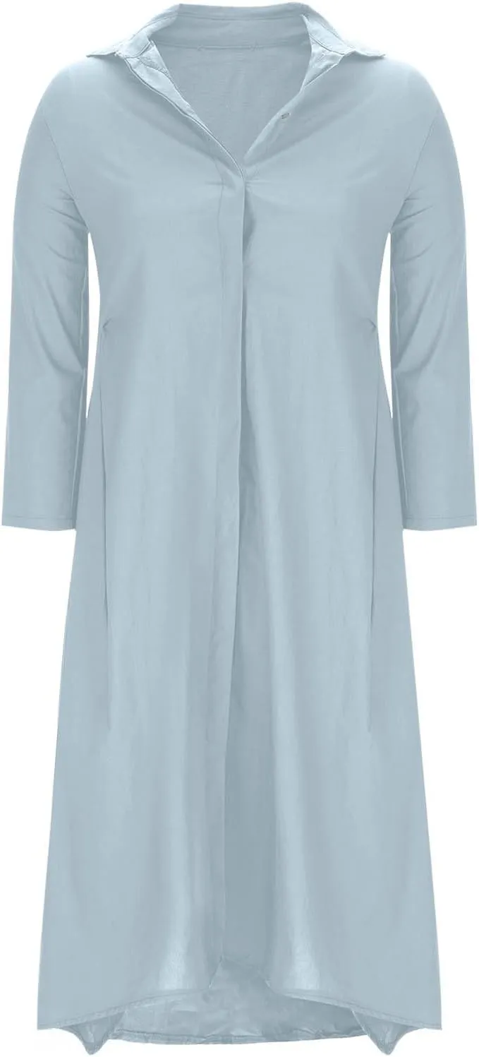 Womens Casual Collared Cotton Linen Maxi Shirt Dress Long Sleeve Button Up Long Swimsuit Cover Ups Summer Beach Dresses