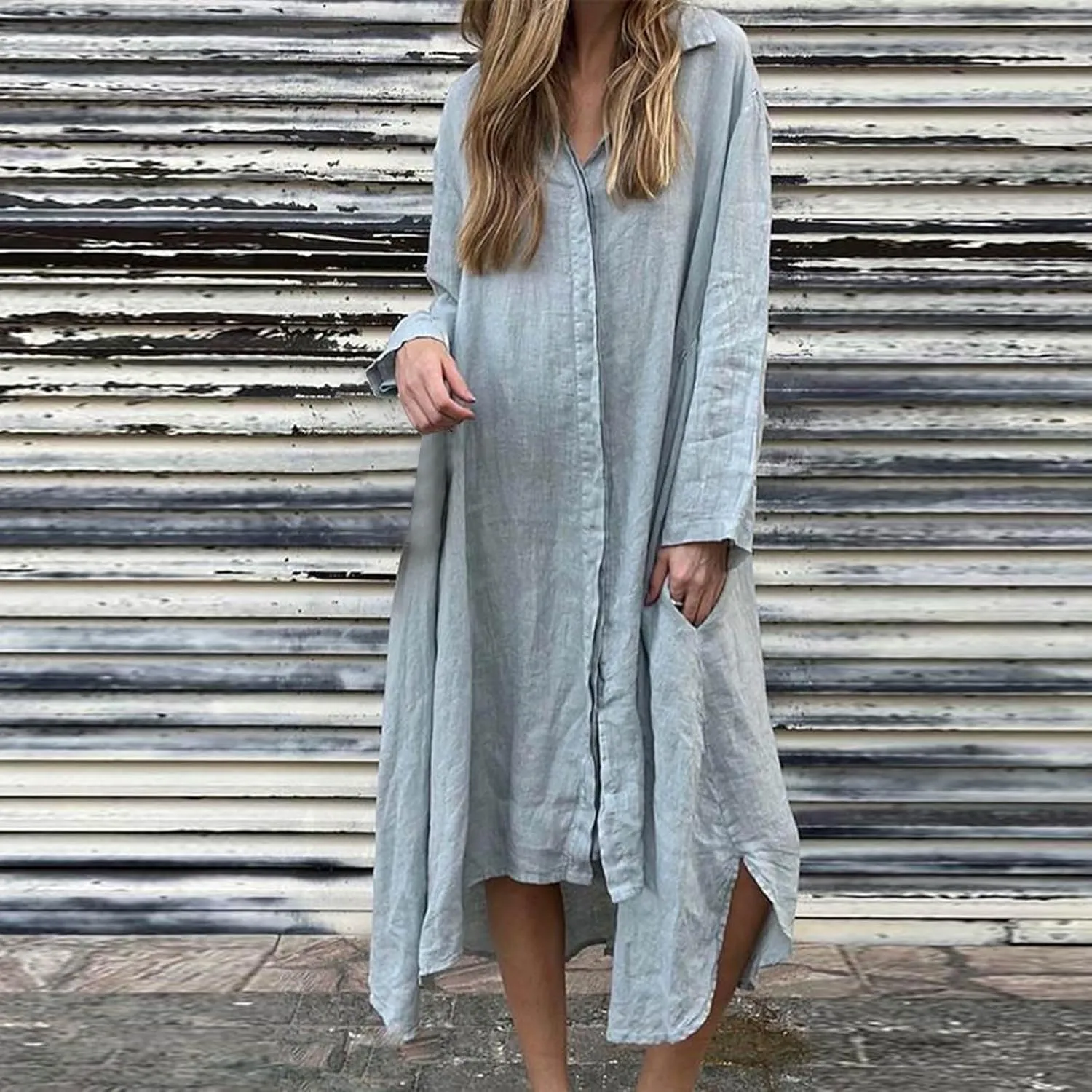 Womens Casual Collared Cotton Linen Maxi Shirt Dress Long Sleeve Button Up Long Swimsuit Cover Ups Summer Beach Dresses