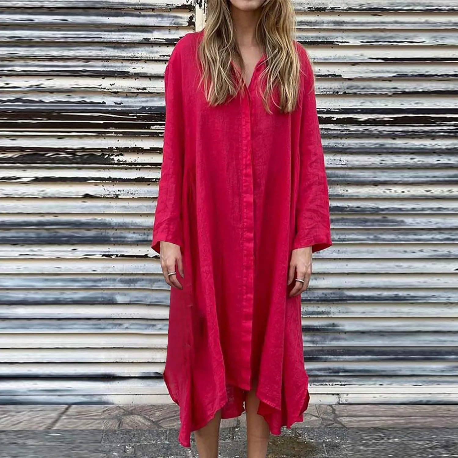 Womens Casual Collared Cotton Linen Maxi Shirt Dress Long Sleeve Button Up Long Swimsuit Cover Ups Summer Beach Dresses