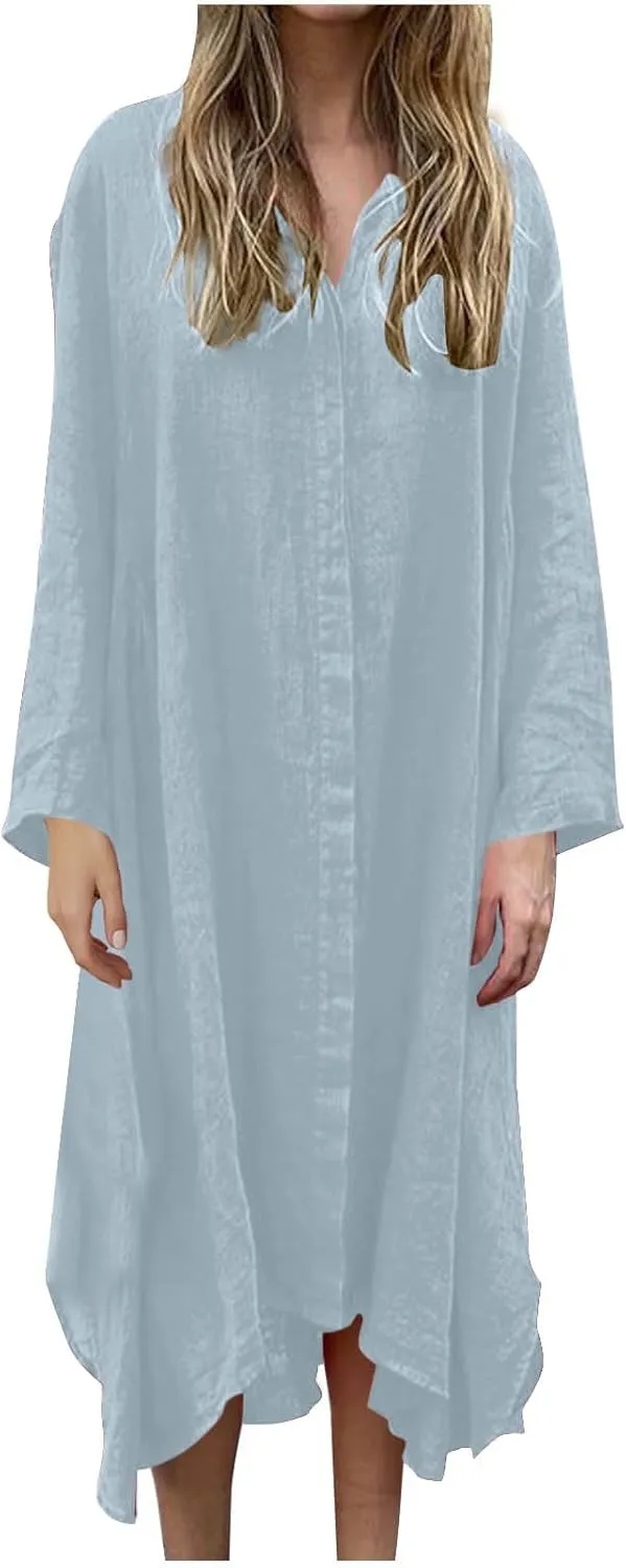 Womens Casual Collared Cotton Linen Maxi Shirt Dress Long Sleeve Button Up Long Swimsuit Cover Ups Summer Beach Dresses