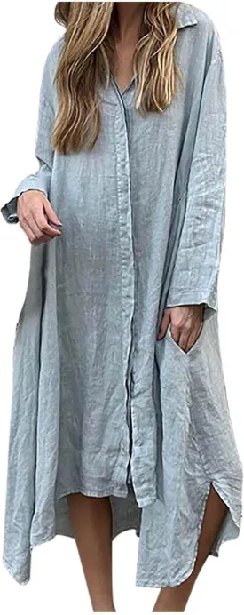 Womens Casual Collared Cotton Linen Maxi Shirt Dress Long Sleeve Button Up Long Swimsuit Cover Ups Summer Beach Dresses