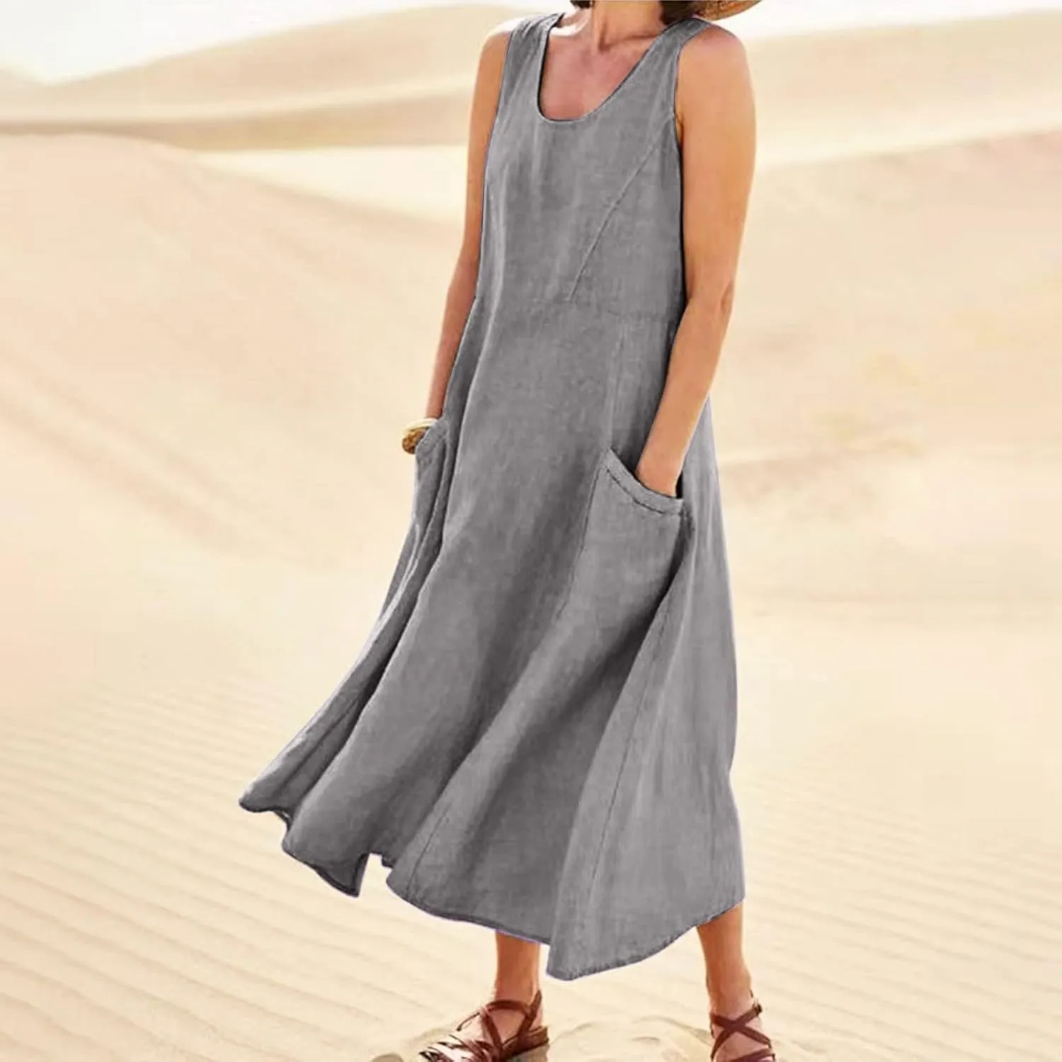 Women's Casual Cotton Linen Dresses V Neck Summer Sleeveless Solid Colour Loose Plus Size Dress with Pockets