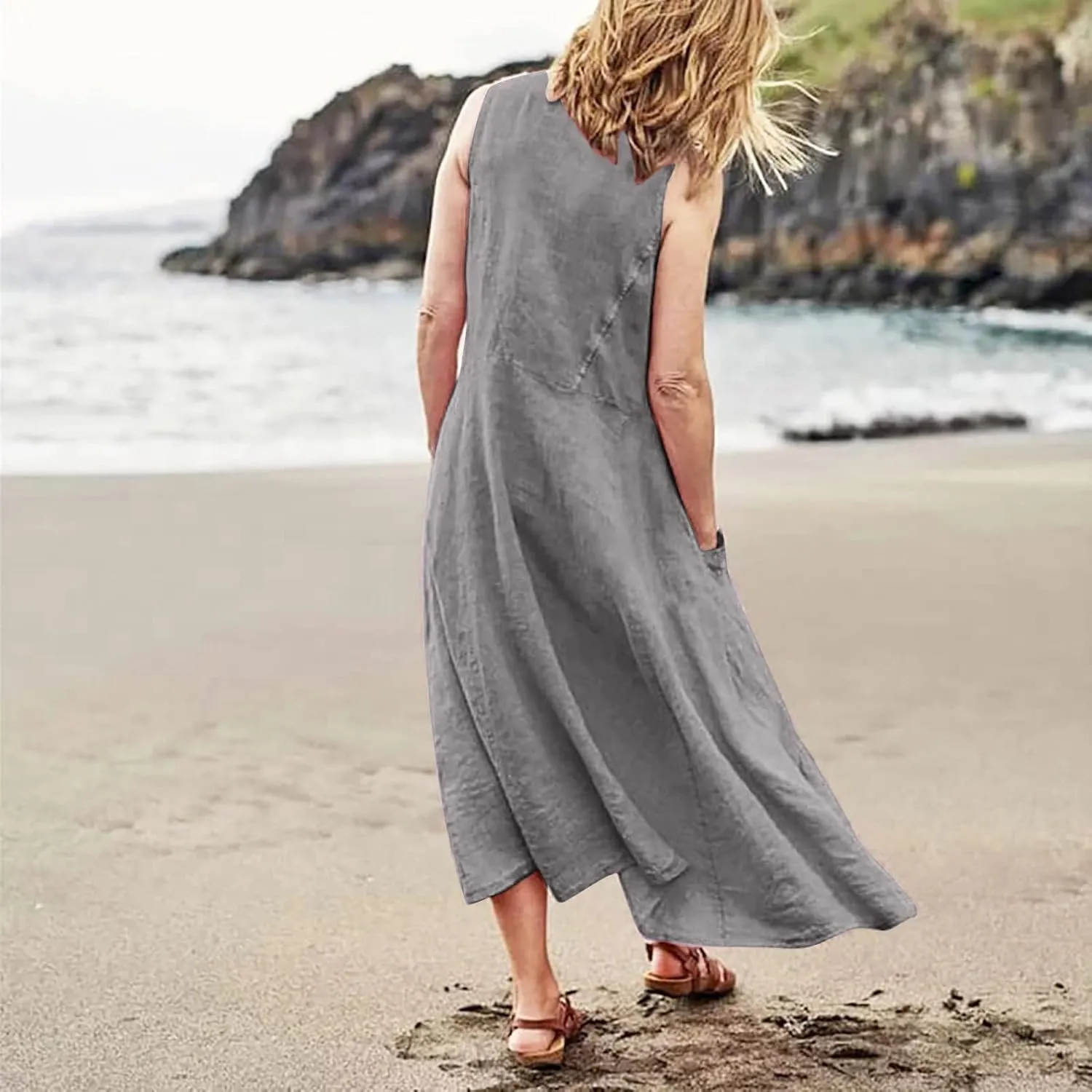Women's Casual Cotton Linen Dresses V Neck Summer Sleeveless Solid Colour Loose Plus Size Dress with Pockets