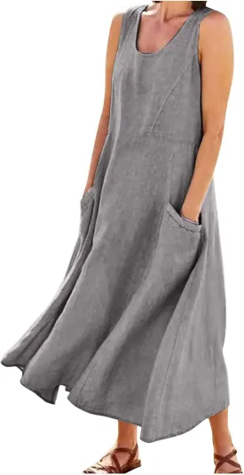 Women's Casual Cotton Linen Dresses V Neck Summer Sleeveless Solid Colour Loose Plus Size Dress with Pockets