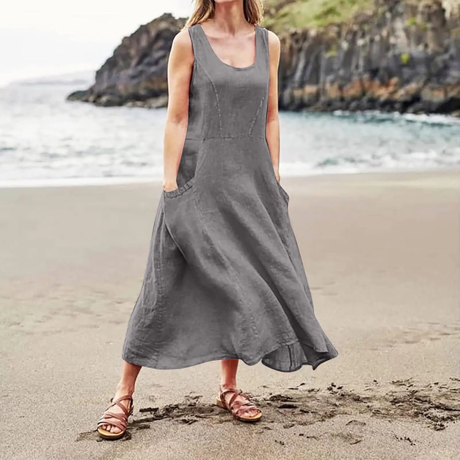 Women's Casual Cotton Linen Dresses V Neck Summer Sleeveless Solid Colour Loose Plus Size Dress with Pockets