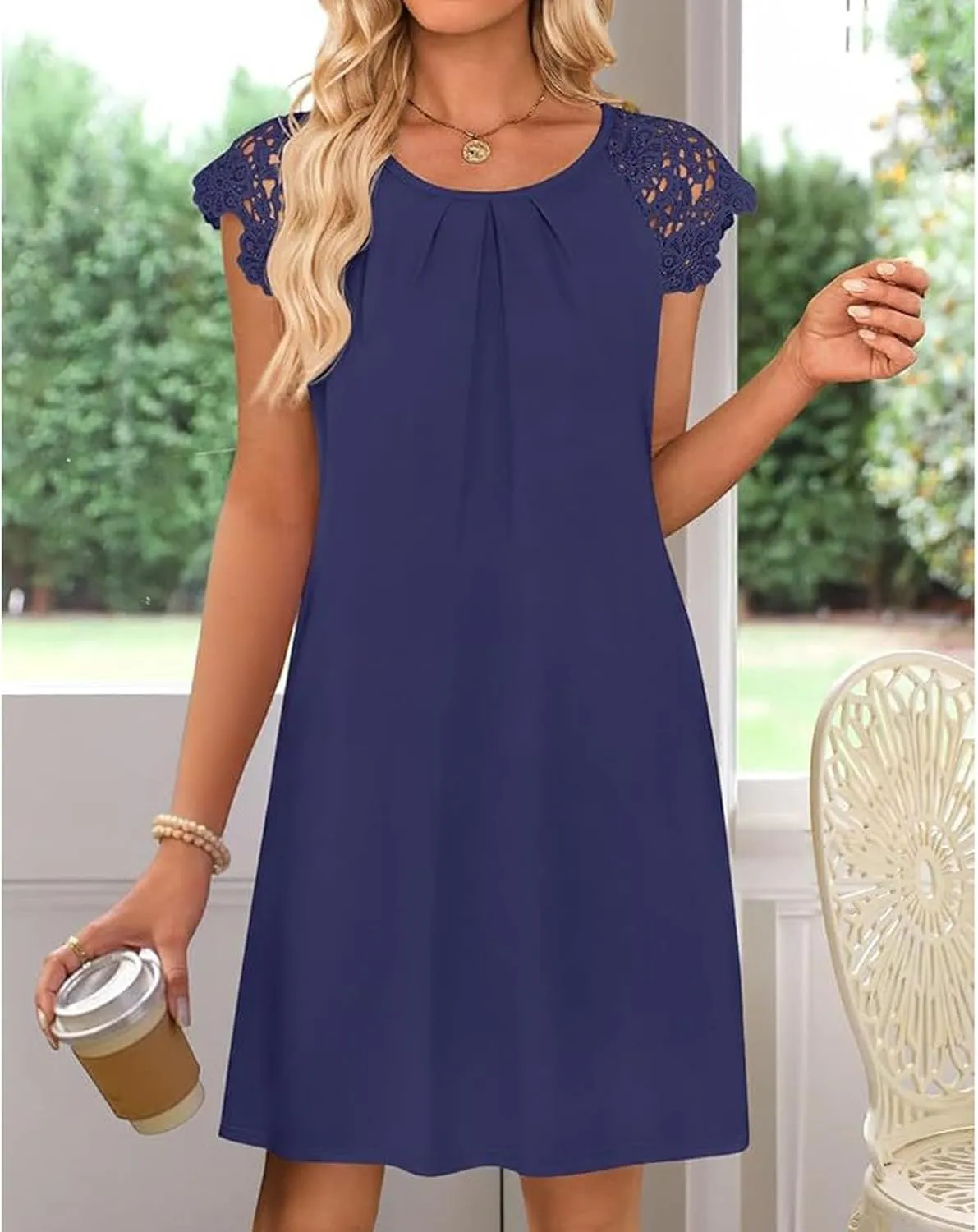 Women's Casual Summer T Shirt Dress Solid Beach Boho Vacation Lace Sleeveless Flowy Pleated Graduation Mini Petite Sundress