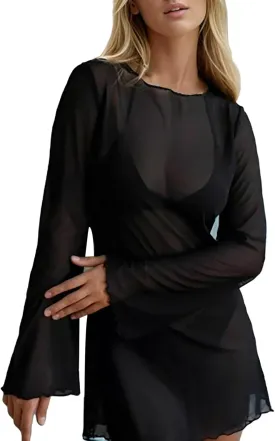Women's Floral Mesh Mini Dress Bell Long Sleeve Boat Neck Bodycon Dresses Swimsuit Cover up Lace Bikini Bathing Suit