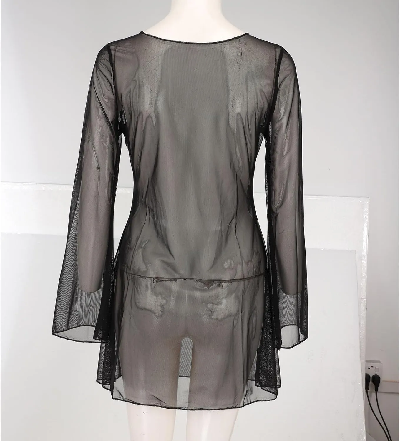 Women's Floral Mesh Mini Dress Bell Long Sleeve Boat Neck Bodycon Dresses Swimsuit Cover up Lace Bikini Bathing Suit