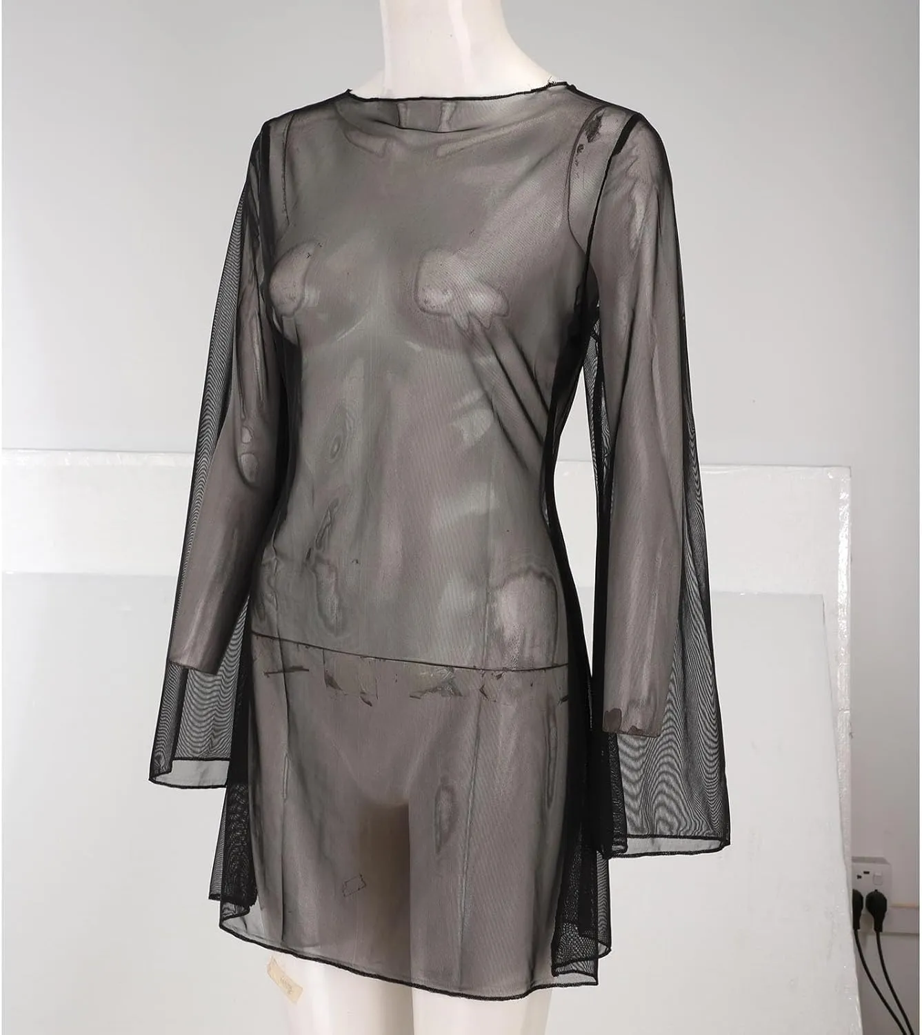 Women's Floral Mesh Mini Dress Bell Long Sleeve Boat Neck Bodycon Dresses Swimsuit Cover up Lace Bikini Bathing Suit