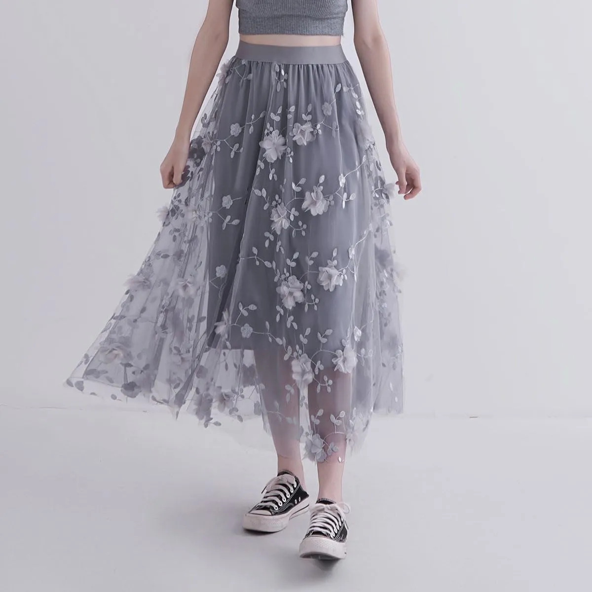 Women's Midi Tulle Skirts Floral Embroidery Layered Print Fairy Skirts Elastic Waist A-Line Mesh Skirt