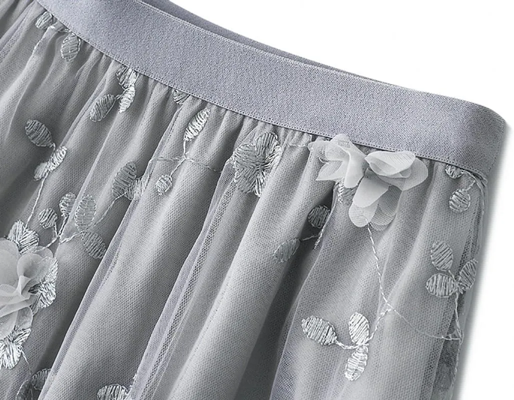 Women's Midi Tulle Skirts Floral Embroidery Layered Print Fairy Skirts Elastic Waist A-Line Mesh Skirt