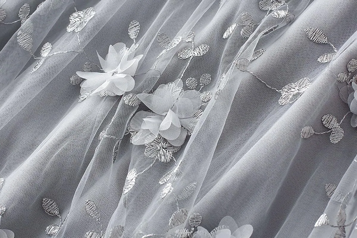 Women's Midi Tulle Skirts Floral Embroidery Layered Print Fairy Skirts Elastic Waist A-Line Mesh Skirt