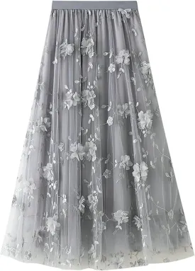 Women's Midi Tulle Skirts Floral Embroidery Layered Print Fairy Skirts Elastic Waist A-Line Mesh Skirt