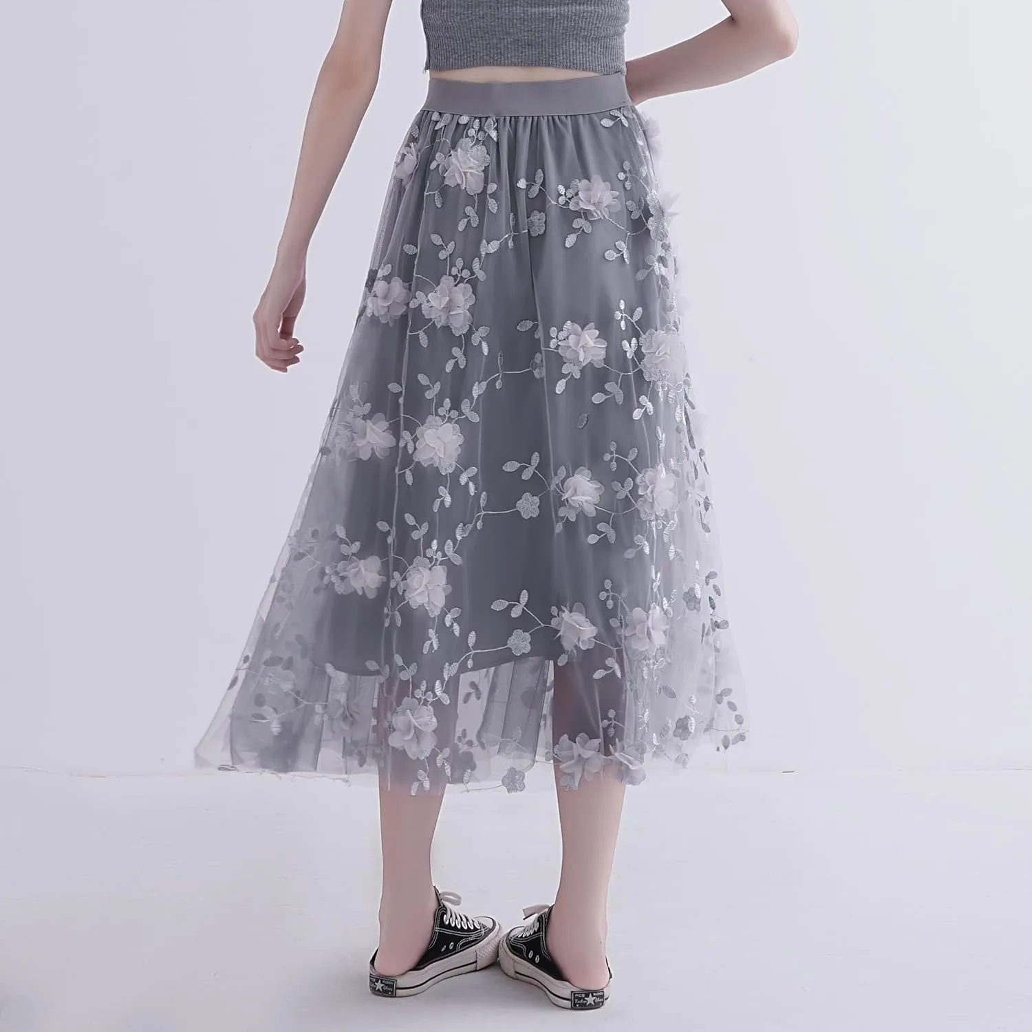 Women's Midi Tulle Skirts Floral Embroidery Layered Print Fairy Skirts Elastic Waist A-Line Mesh Skirt