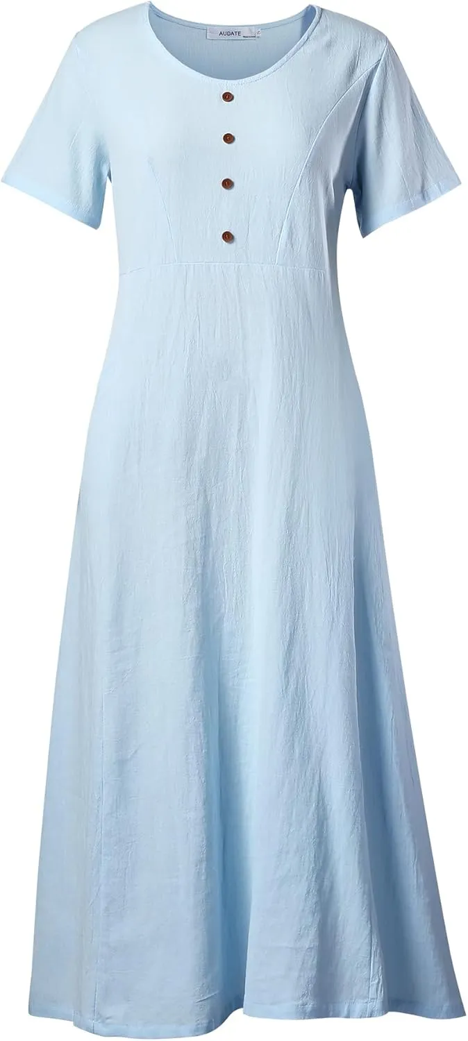 Women's Plus Size Short Sleeve Casual Cotton Linen Long Dress Crew Neck Button Summer Beach Maxi Dress