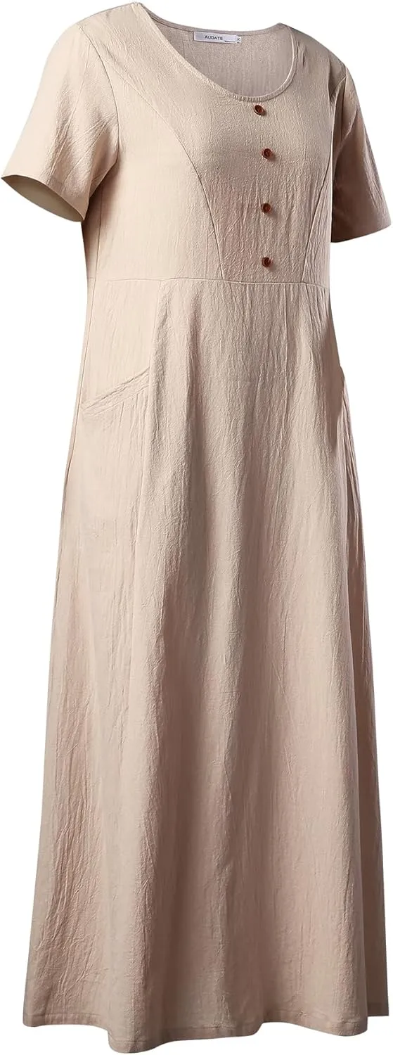 Women's Plus Size Short Sleeve Casual Cotton Linen Long Dress Crew Neck Button Summer Beach Maxi Dress