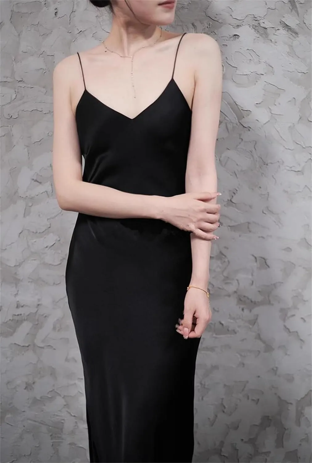 Women's Real Silk V-Neck Sexy Long Slip Dress Slim Fitting Suspender Dresses