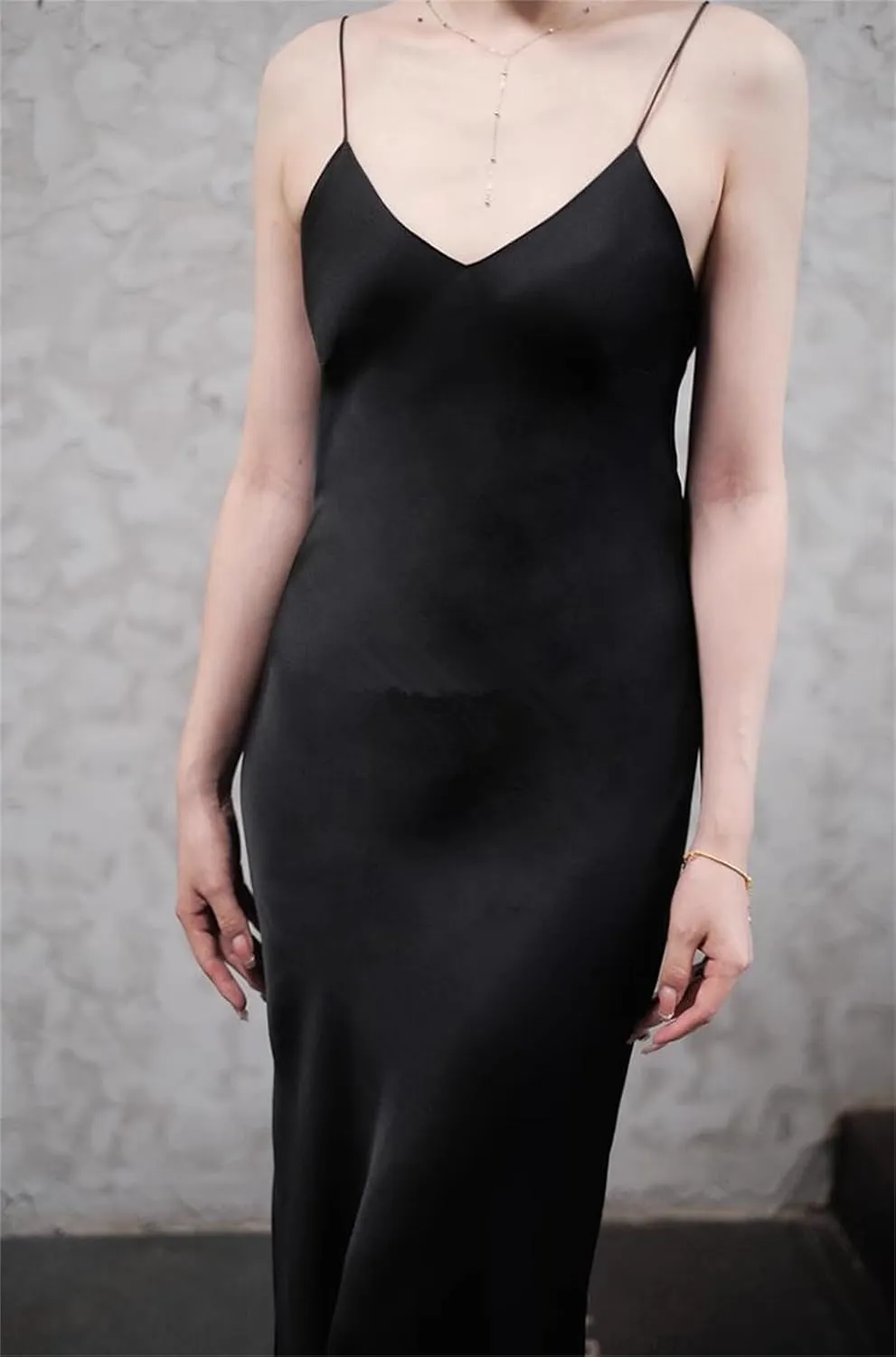 Women's Real Silk V-Neck Sexy Long Slip Dress Slim Fitting Suspender Dresses