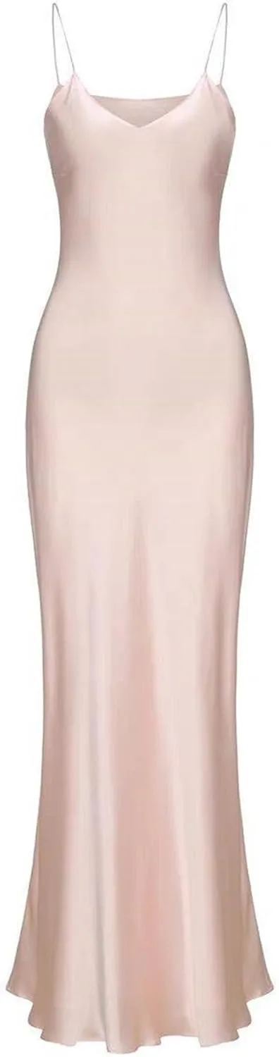 Women's Real Silk V-Neck Sexy Long Slip Dress Slim Fitting Suspender Dresses