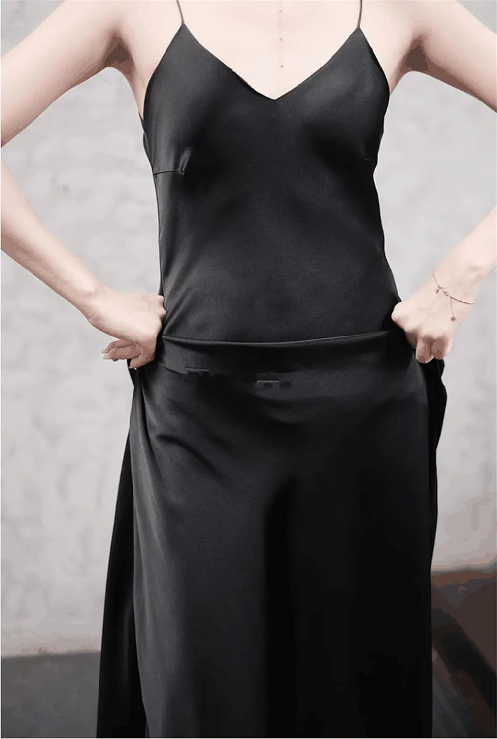 Women's Real Silk V-Neck Sexy Long Slip Dress Slim Fitting Suspender Dresses