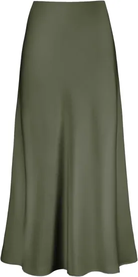Women's Satin High Waisted Maxi Skirts Hidden Elasticized Waistband A Line Long Skirt