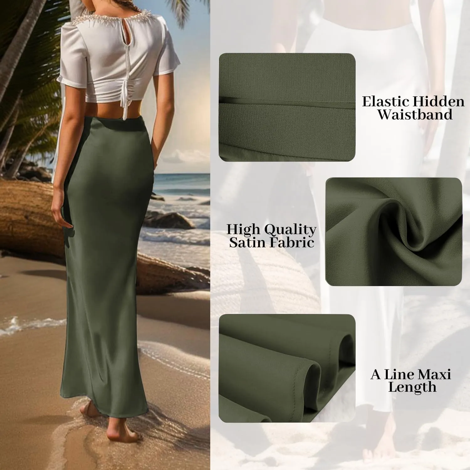 Women's Satin High Waisted Maxi Skirts Hidden Elasticized Waistband A Line Long Skirt