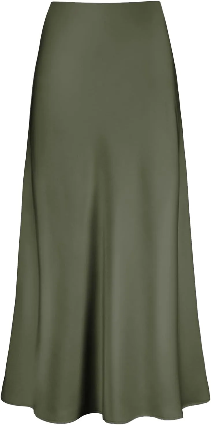 Women's Satin High Waisted Maxi Skirts Hidden Elasticized Waistband A Line Long Skirt
