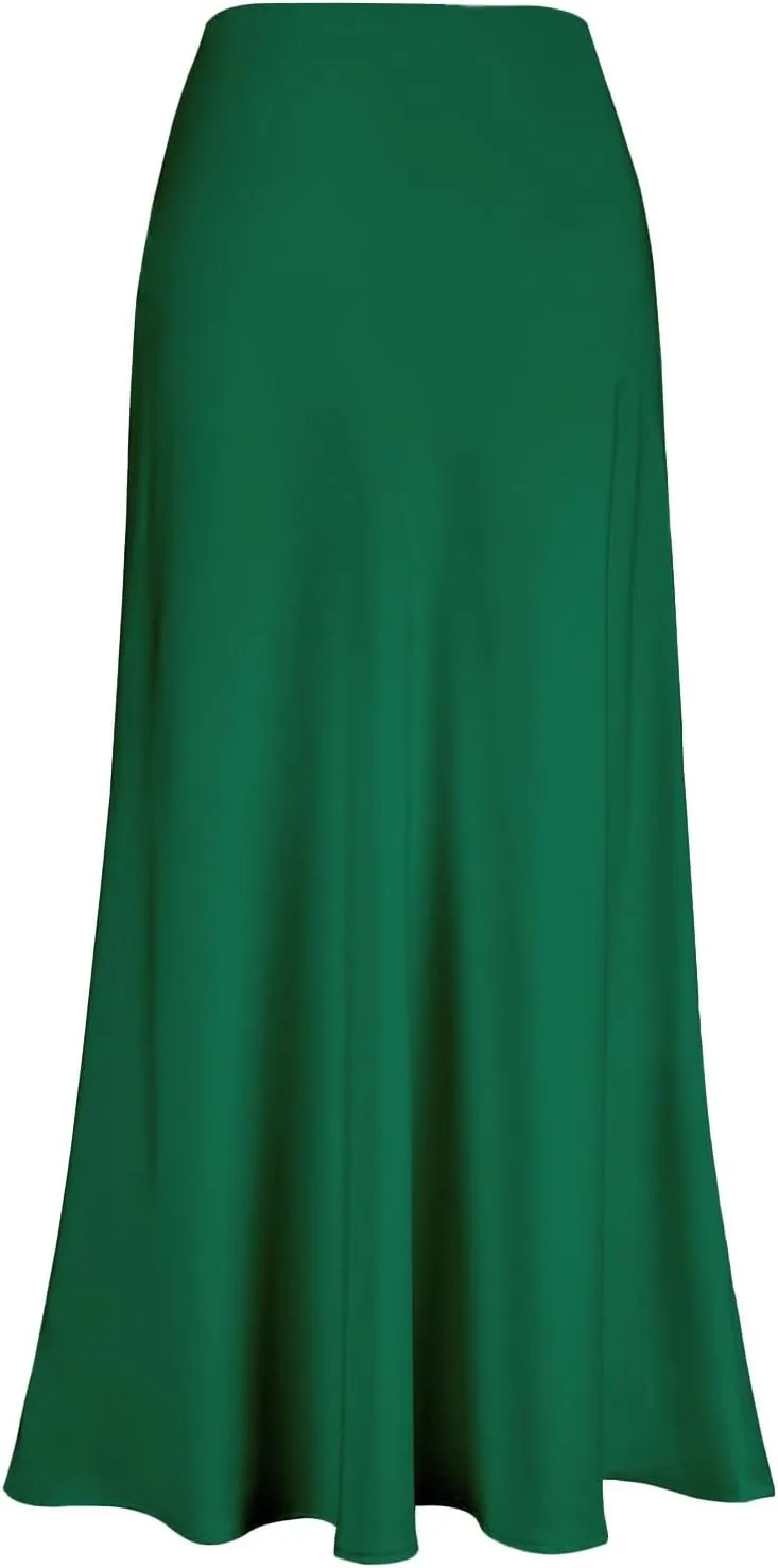 Women's Satin High Waisted Maxi Skirts Hidden Elasticized Waistband A Line Long Skirt
