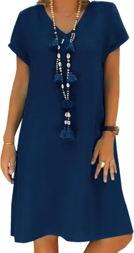 Women's Short Sleeve T Shirt Dress Casual Cotton Linen Knee-Long Dress V Neck Summer Beach Dress with Pockets