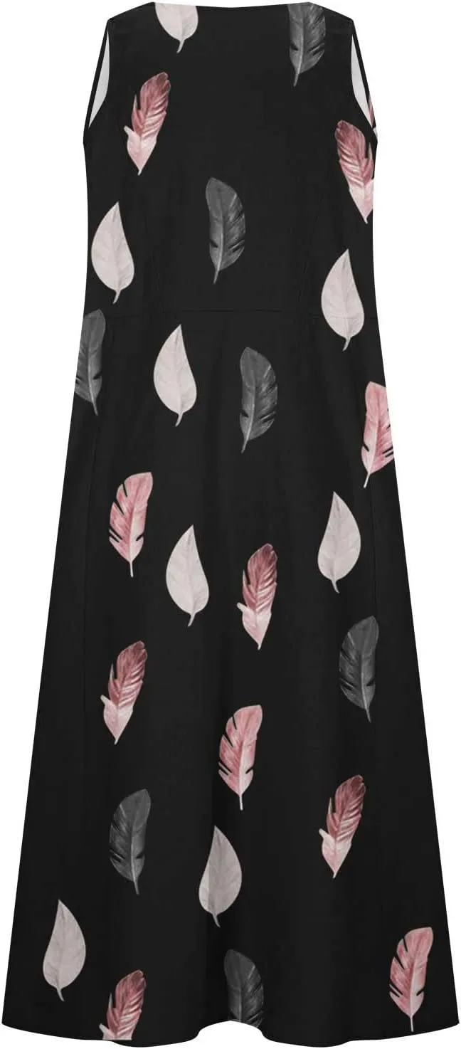 Women's Summer Cotton Linen Long Dress Sleeveless Elegant Flowy Dresses Plus Size Loose Comfy Dress with Pockets
