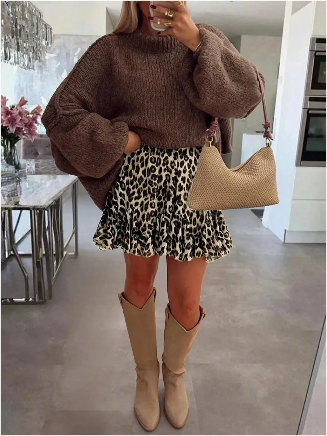 Women's Y2k Leopard Skirts Ruffle Mini Skirts Cheetah Elastic High Waisted A Line Skirt