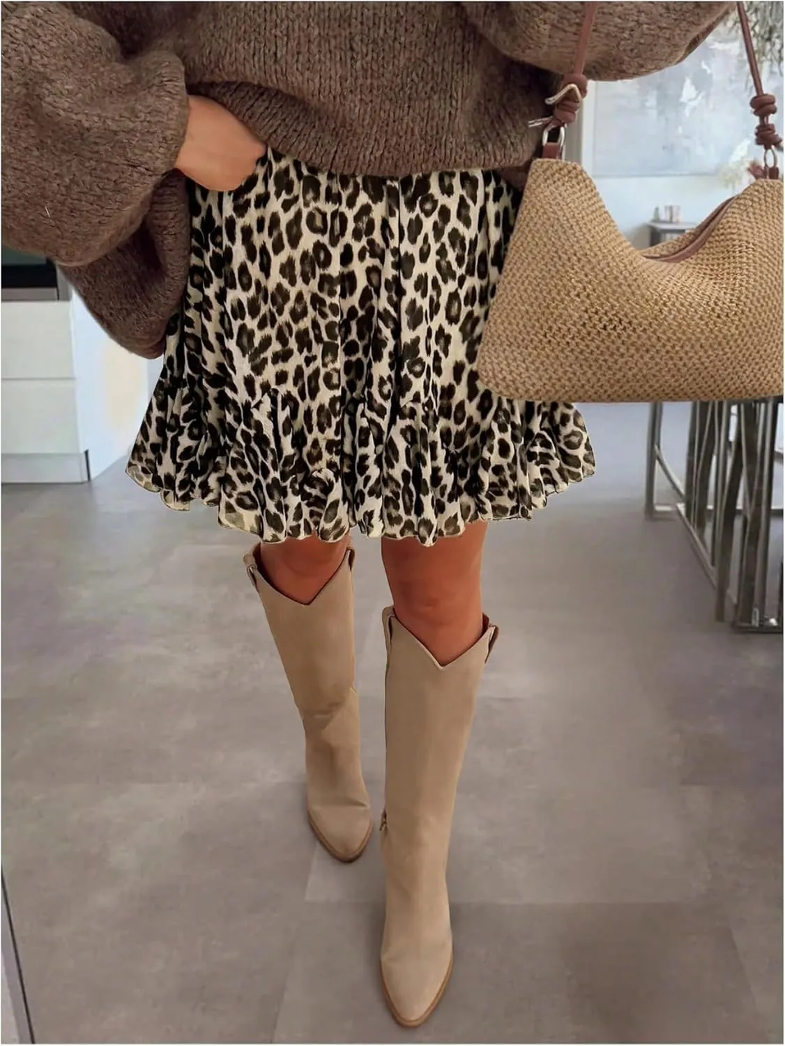 Women's Y2k Leopard Skirts Ruffle Mini Skirts Cheetah Elastic High Waisted A Line Skirt