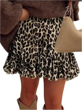 Women's Y2k Leopard Skirts Ruffle Mini Skirts Cheetah Elastic High Waisted A Line Skirt