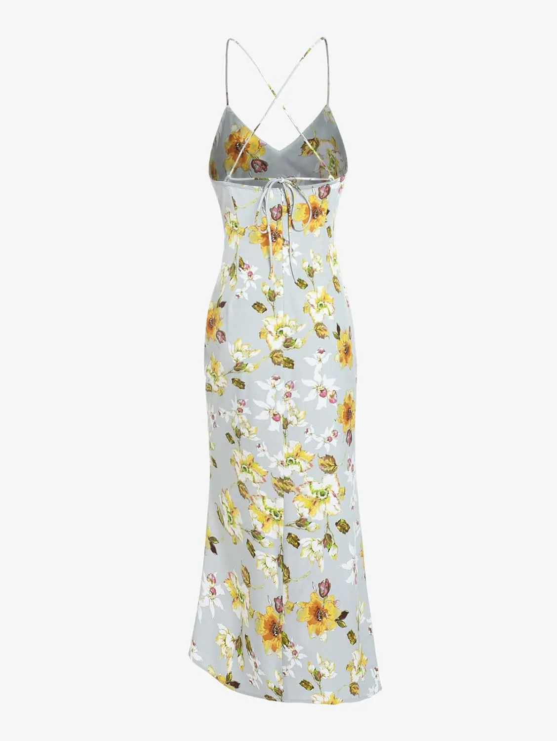 ZAFUL Womens Summer Floral Spaghetti Midi Dresses 2025 Sexy V Neck Sleeveless Drawstring Ruched Split Backless Cocktail Dress